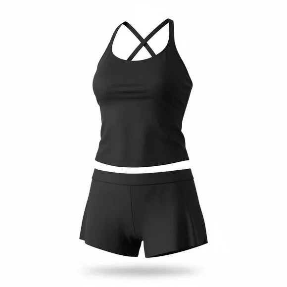 Athleta Black Two-Piece Swimsuit | Fitted Tankini Top & Swim Shorts | Size XL - Picture 2 of 8
